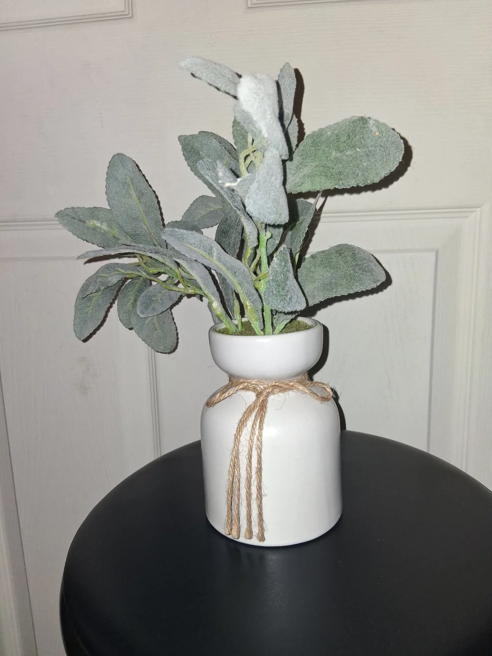 Ceramic White Vase with Natural Jute Accent and Green Faux Foliage